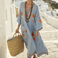Vestido caftán "Patricia" – Azul con motivos florales del Egeo