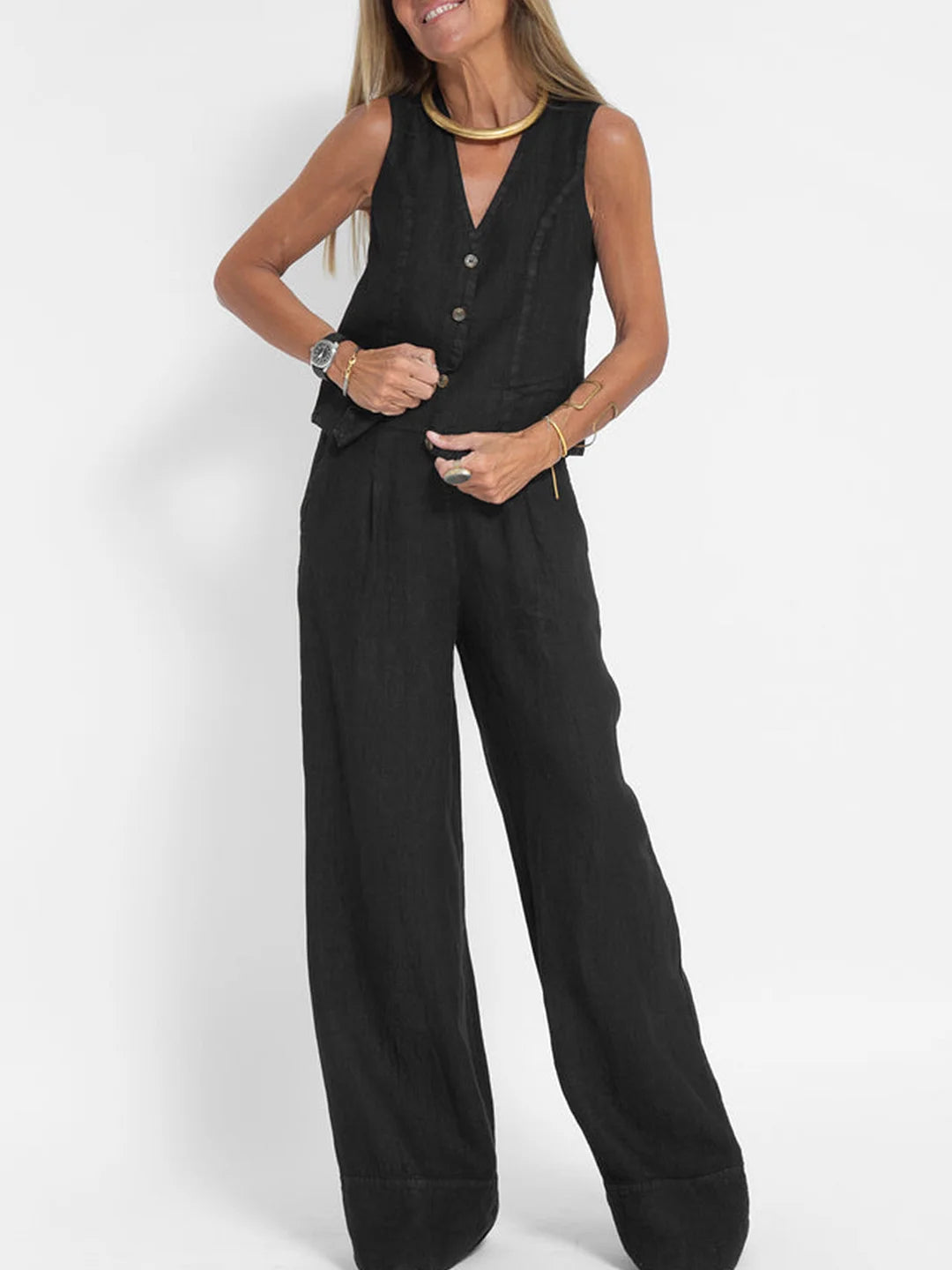 LIDIA – Conjunto elegante de dos piezas con chaleco y pantalón de pierna ancha