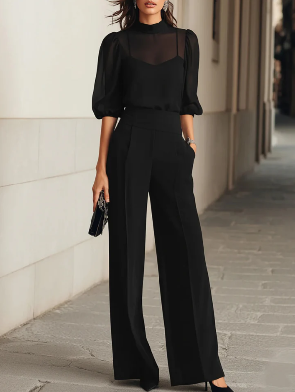 Valeria-Conjunto de tres piezas negro, compuesto por una camisola transparente y pantalones de pierna ancha