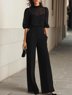 Valeria-Conjunto de tres piezas negro, compuesto por una camisola transparente y pantalones de pierna ancha