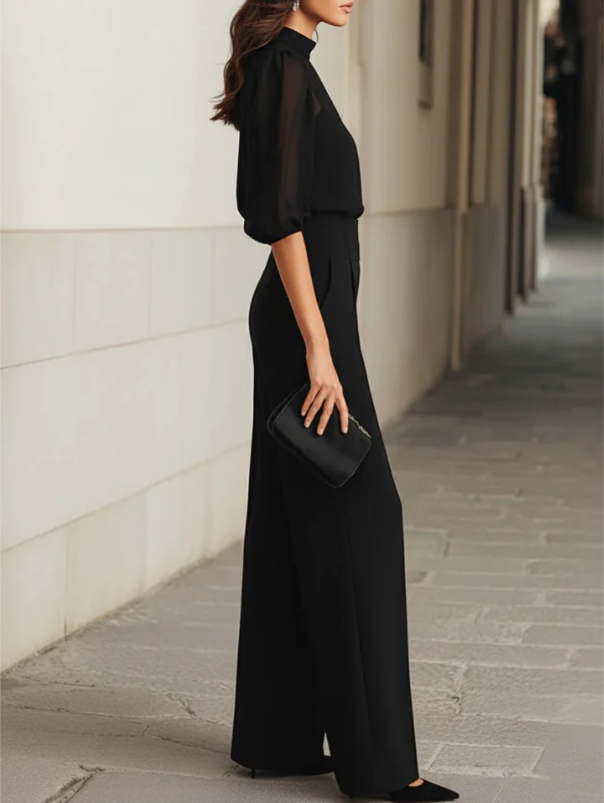 Valeria-Conjunto de tres piezas negro, compuesto por una camisola transparente y pantalones de pierna ancha