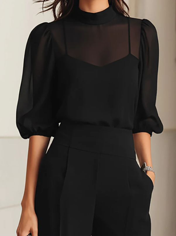 Valeria-Conjunto de tres piezas negro, compuesto por una camisola transparente y pantalones de pierna ancha
