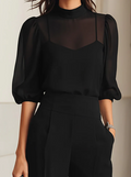 Valeria-Conjunto de tres piezas negro, compuesto por una camisola transparente y pantalones de pierna ancha