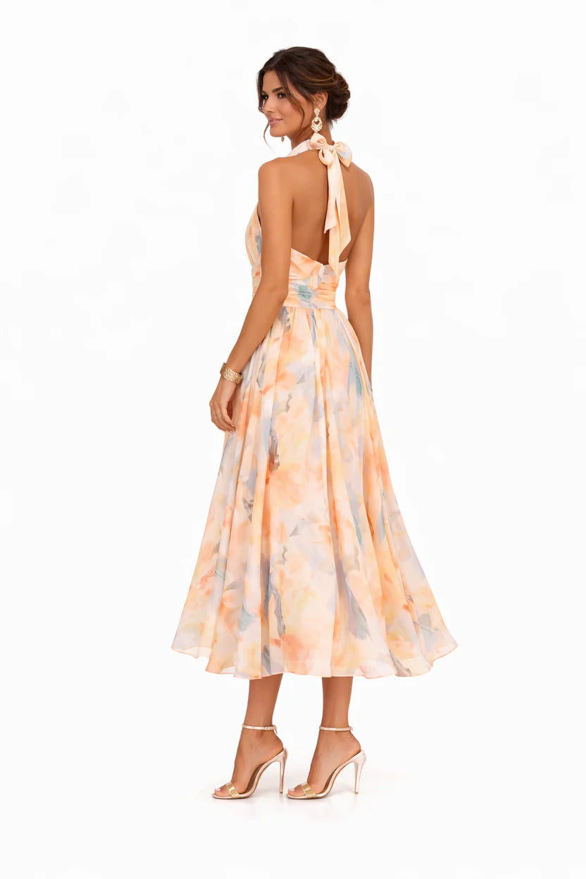 Esther - Vestido de Cuello Halter con Estampado de Acuarela