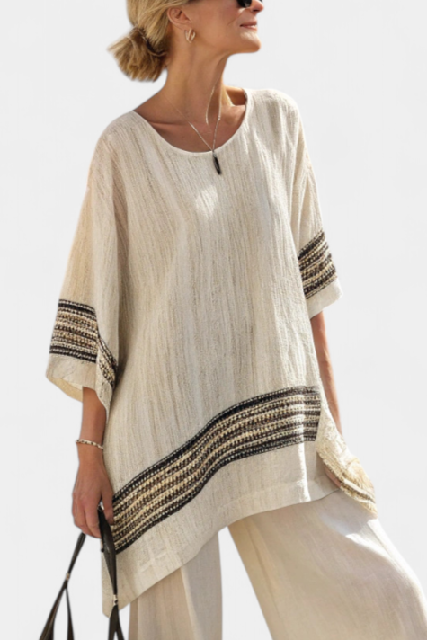 MIREYA — Top elegante de lino con rayas negras y pantalones fluidos