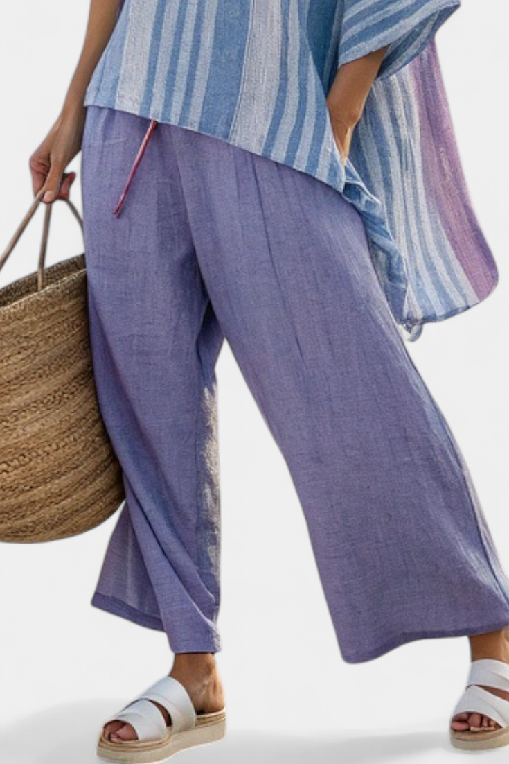 CARLA – Top elegante en lavanda y azul cielo con pantalón de lino