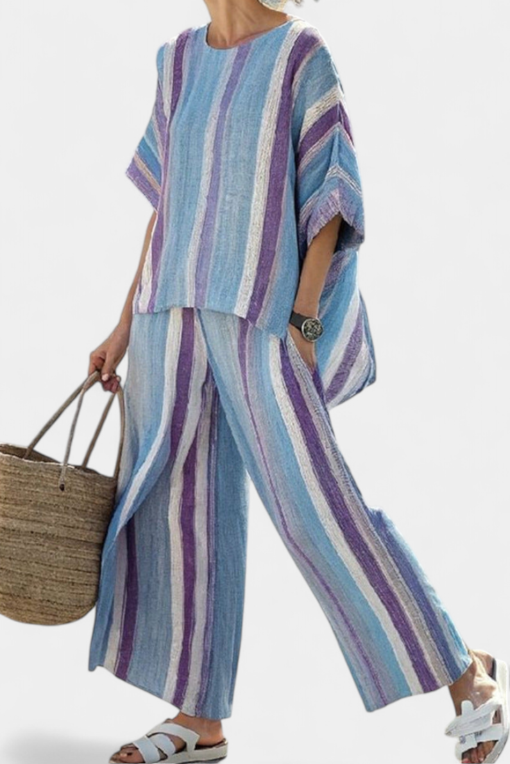 LEIRE — Top elegante en tono malva pastel y pantalones de lino a rayas