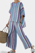 LEIRE — Top elegante en tono malva pastel y pantalones de lino a rayas