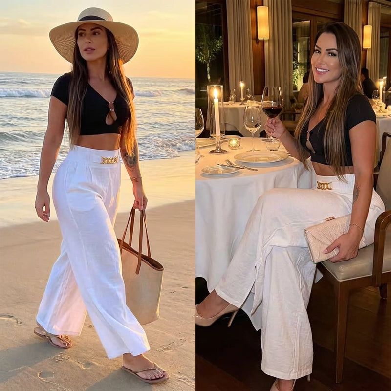 Pantalones cintura alta, pierna ancha, detalle de cinturón